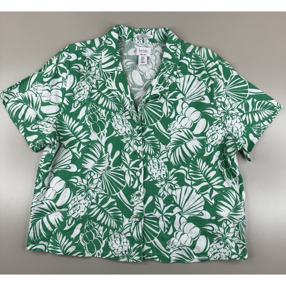 Nicole Miller 100% Linen Tropical Print Boxy Top Green M‎ Aloha Resort Vacation